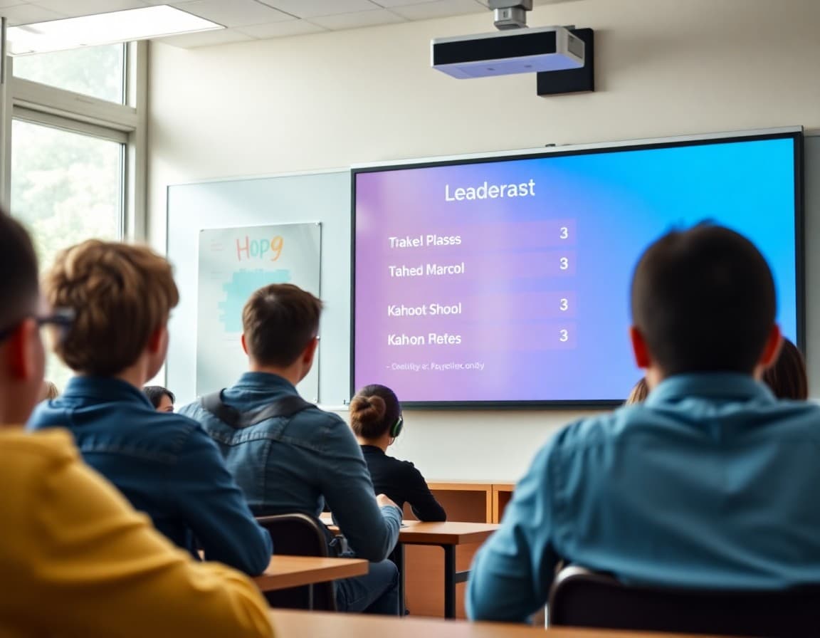 Classroom leaderboard showing student nicknames and Kahoot scores on projector screen
