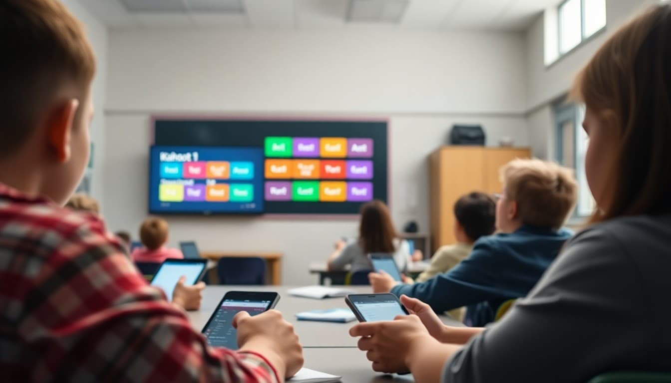 Students on devices answering a Kahoot question with colorful answer tiles on the classroom screen