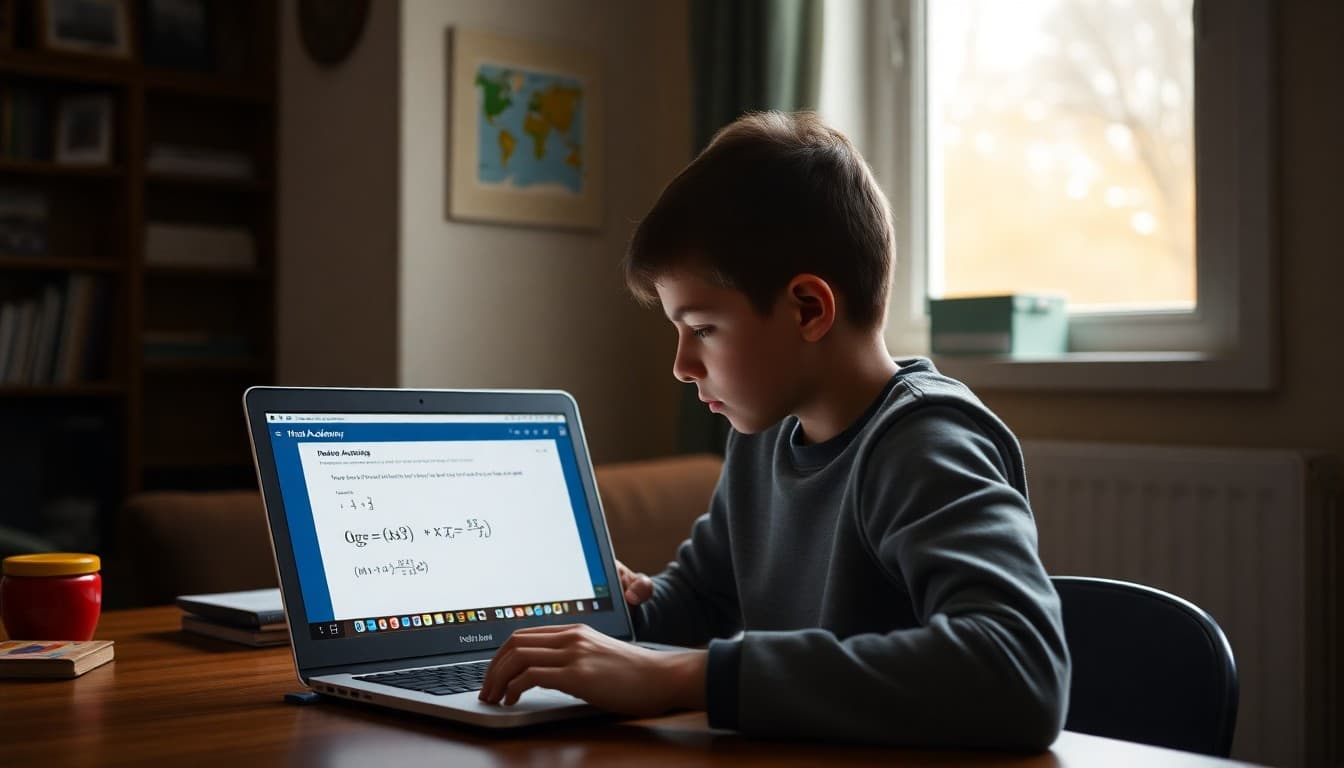 Student working through a Khan Academy math problem on a laptop at home