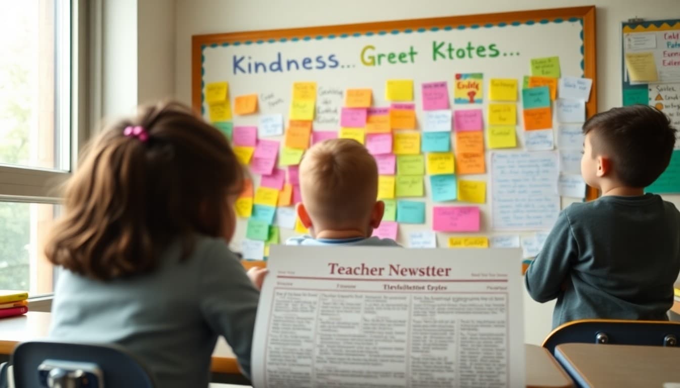 Colorful classroom kindness board filled with student notes with teacher newsletter in the foreground