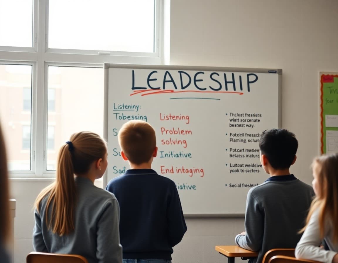 Leadership anchor chart with student-generated traits including listening, problem-solving, and initiative