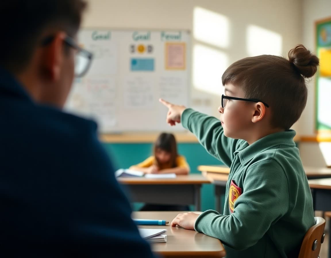 Student pointing to a posted learning goal on the classroom wall during a lesson