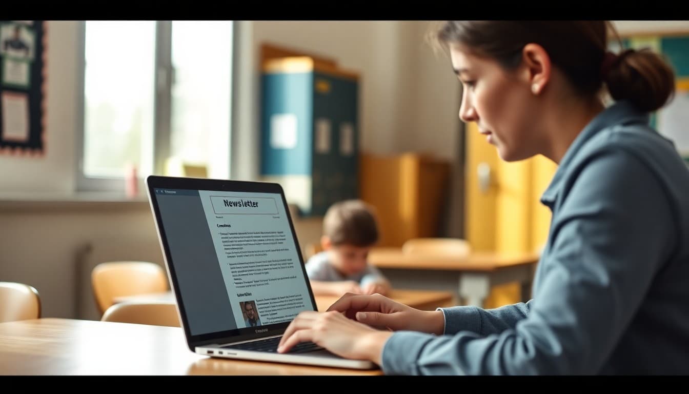 Teacher reviewing a concise classroom newsletter on a laptop at a classroom desk