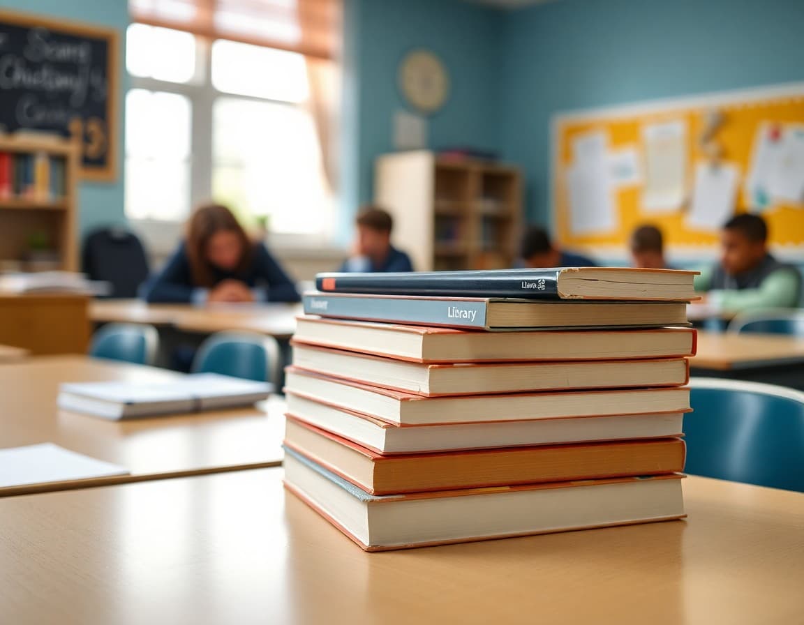 Stack of library books with checkout cards on a classroom desk