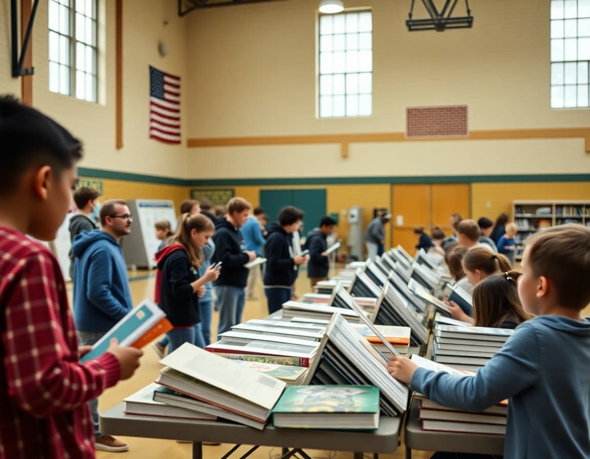 Book display and reading activity stations set up in a school gymnasium