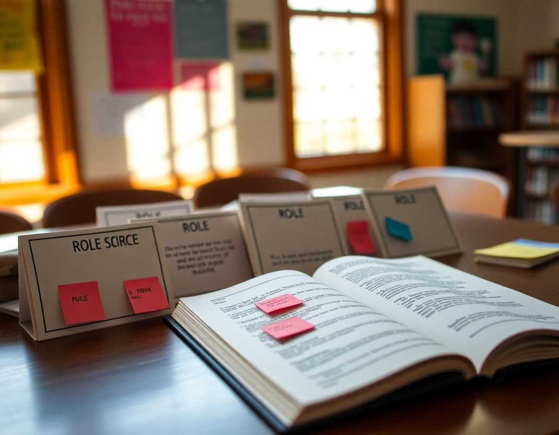 Literary circle role cards spread on a table alongside an open novel and sticky notes