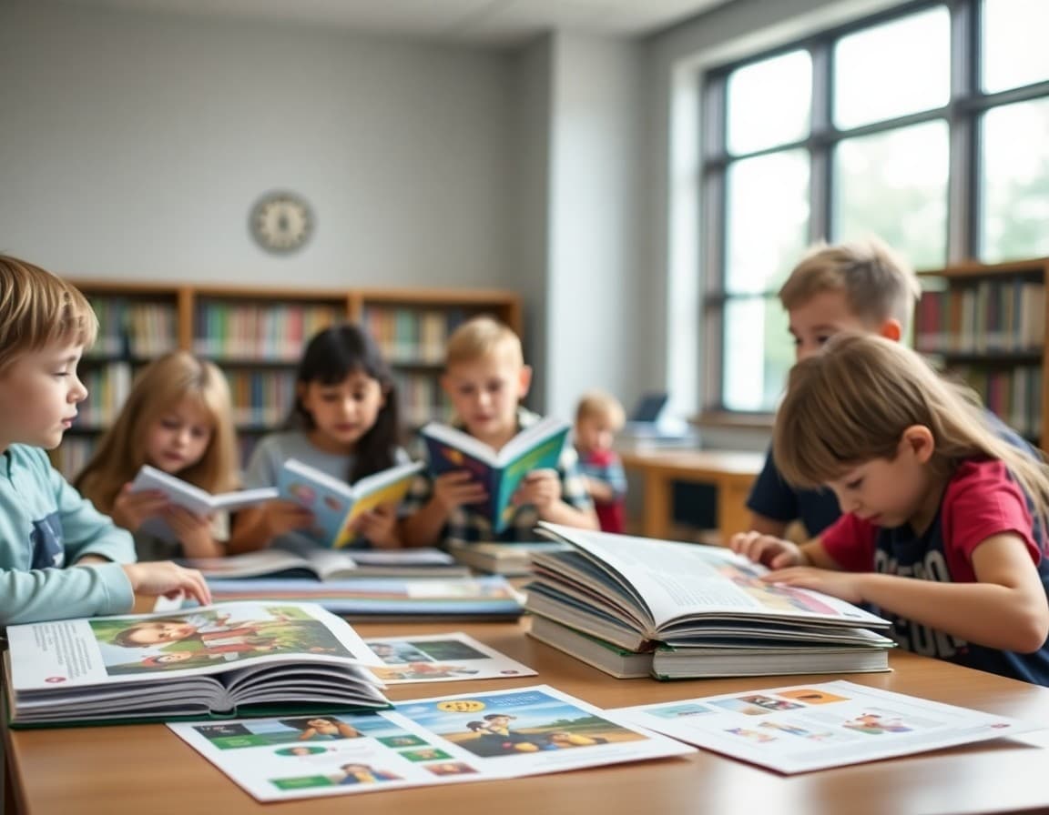 Library summer reading program materials spread on a table at the library