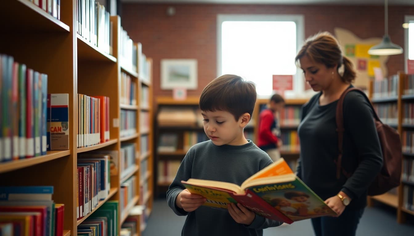 Child browsing colorful books at local public library with parent standing nearby