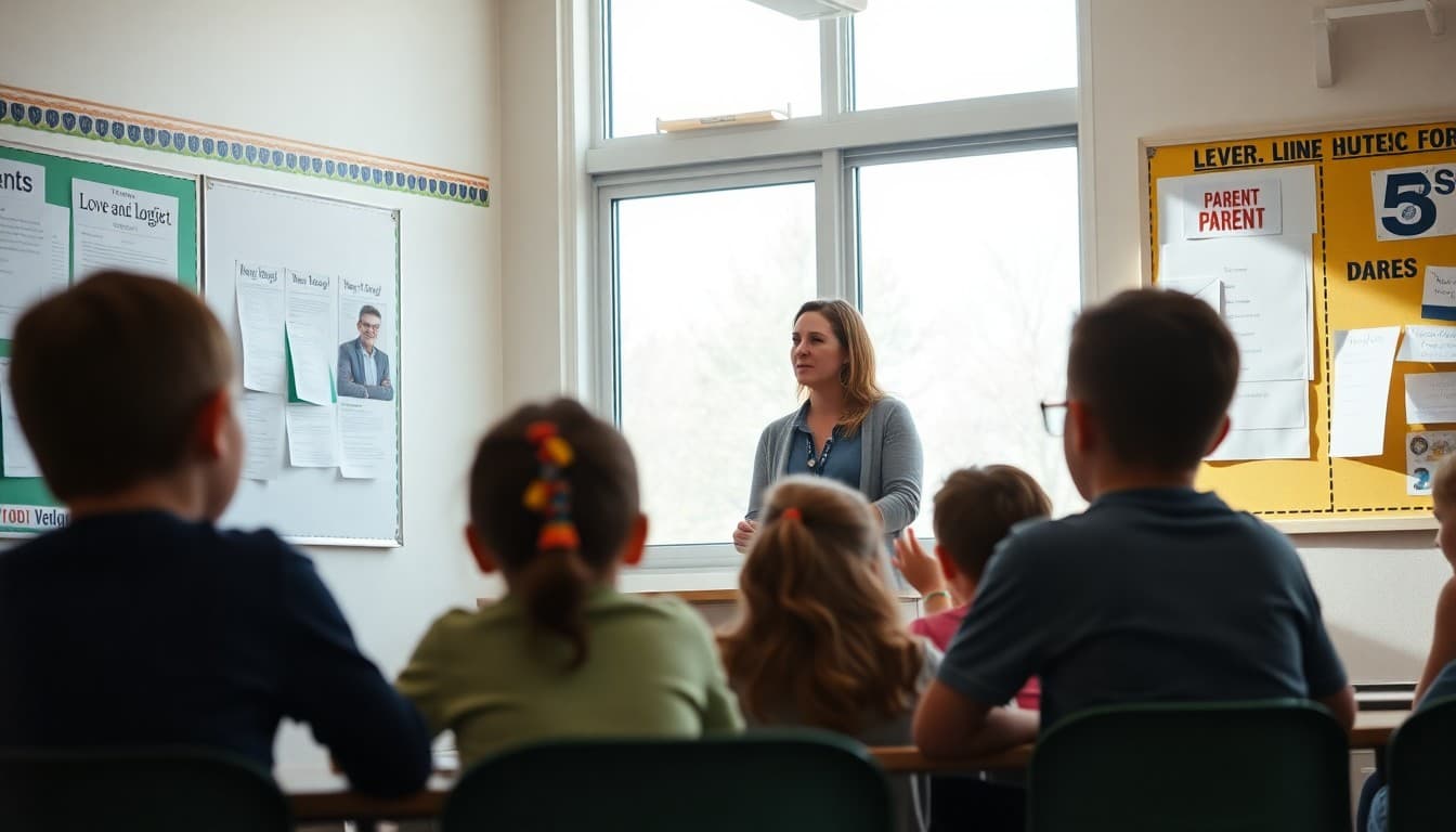 Teacher using Love and Logic classroom approach with students, newsletter visible on parent bulletin board