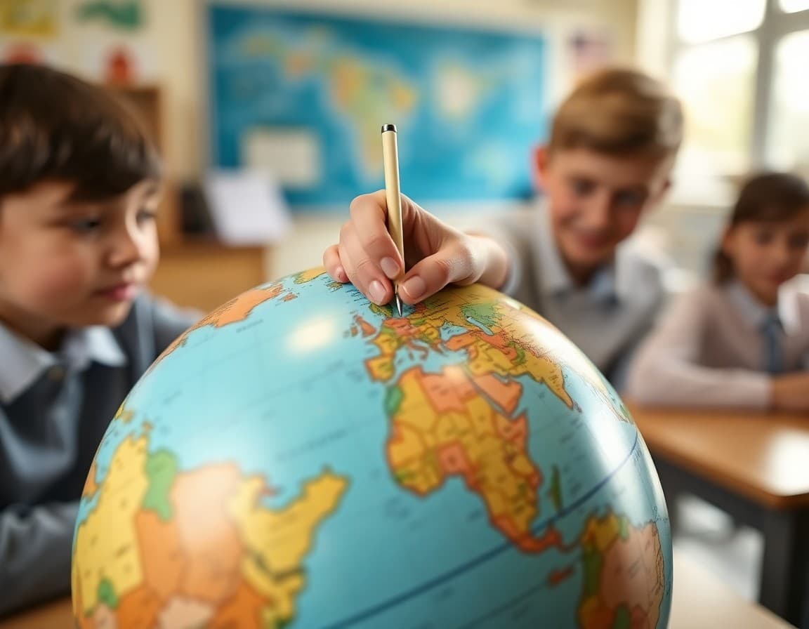 Close-up of a student tracing longitude and latitude lines on a world globe