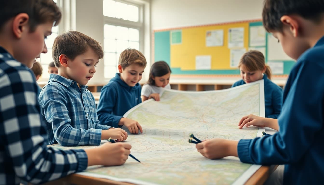 Students working with large paper maps and compasses during a map skills classroom activity