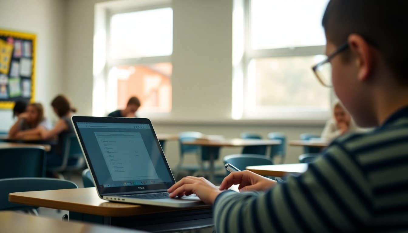 Student taking a MAP test on a laptop in a quiet classroom setting