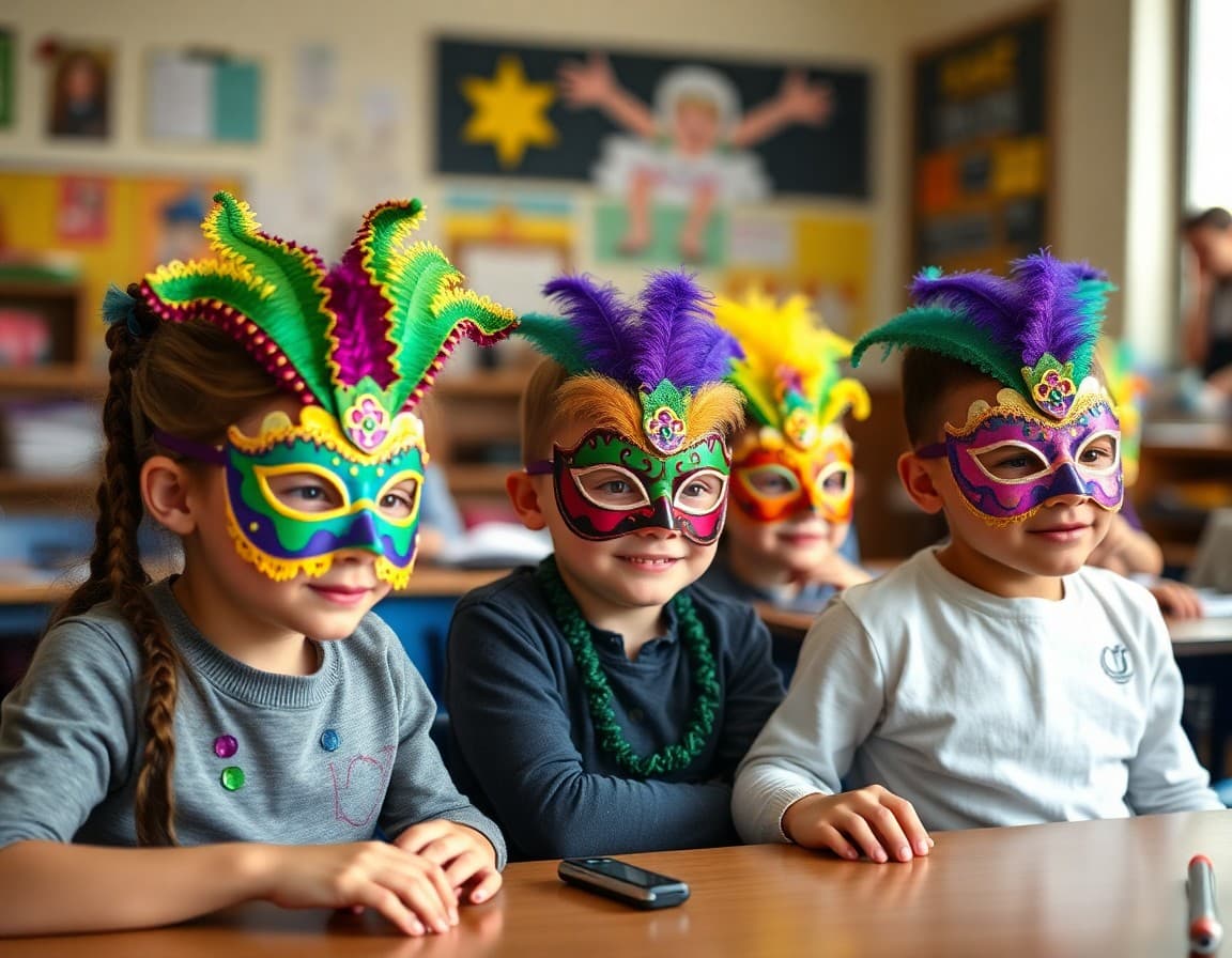 Students creating colorful Mardi Gras masks in a classroom art activity