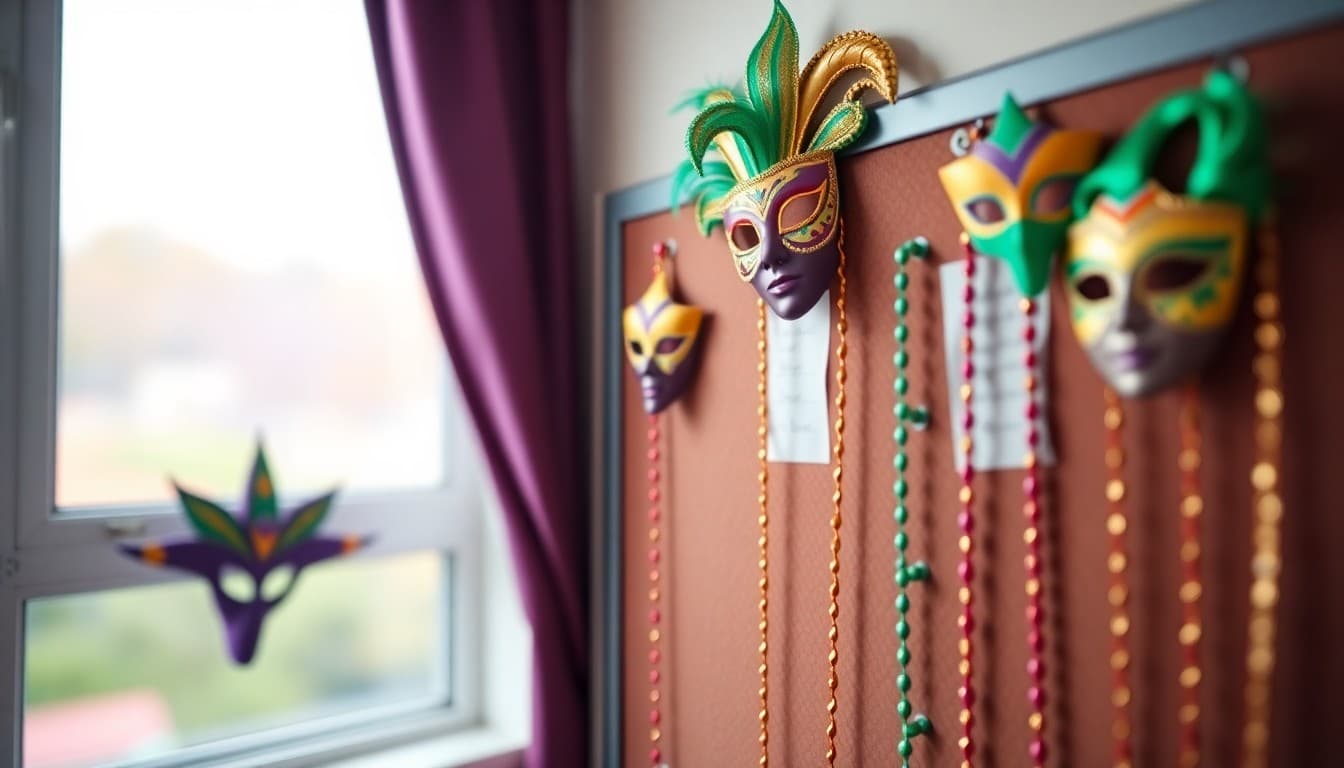 Purple green and gold Mardi Gras decorations with masks and beads on a classroom bulletin board
