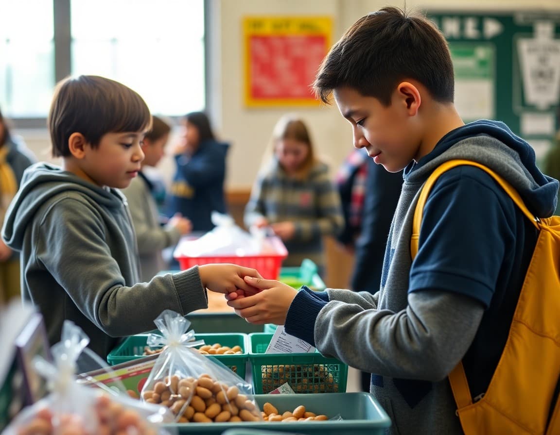 Student making change for a customer at their market day booth
