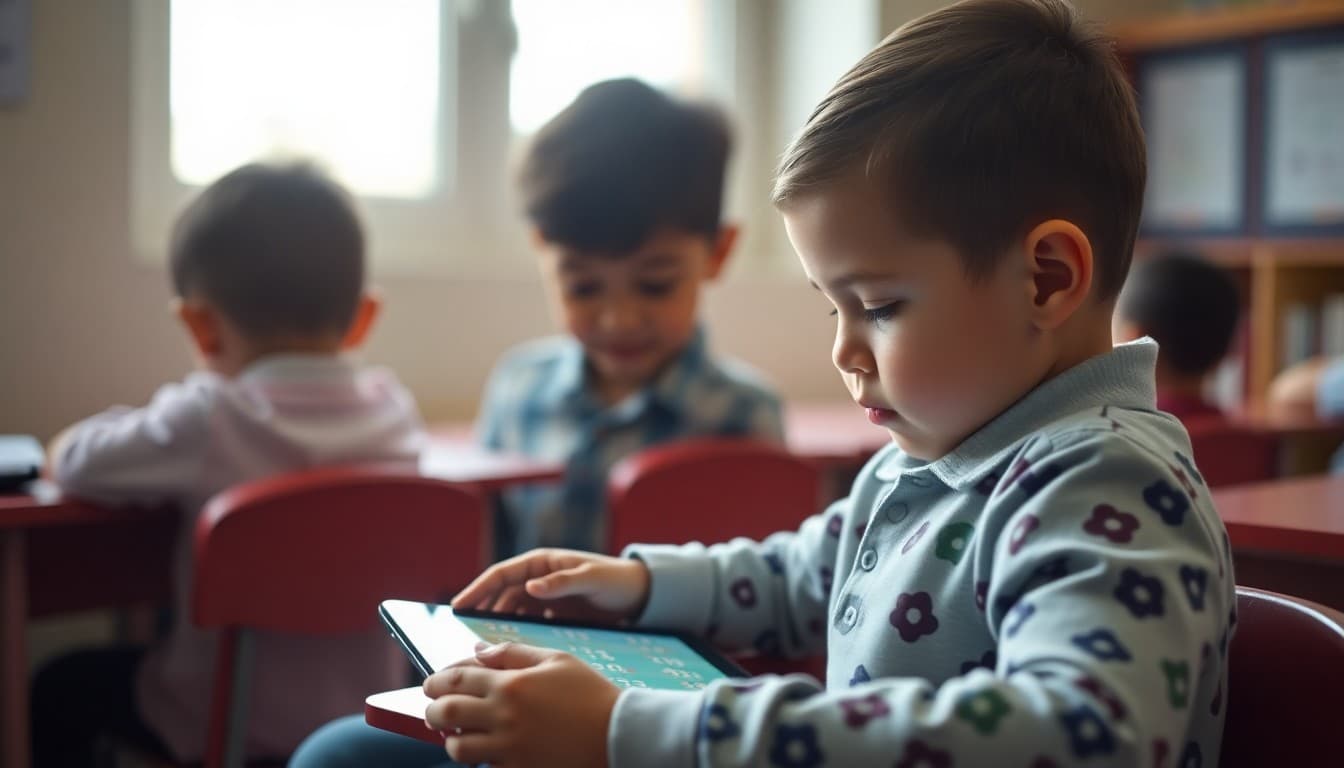 Child working through math problems on an educational app on a colorful tablet