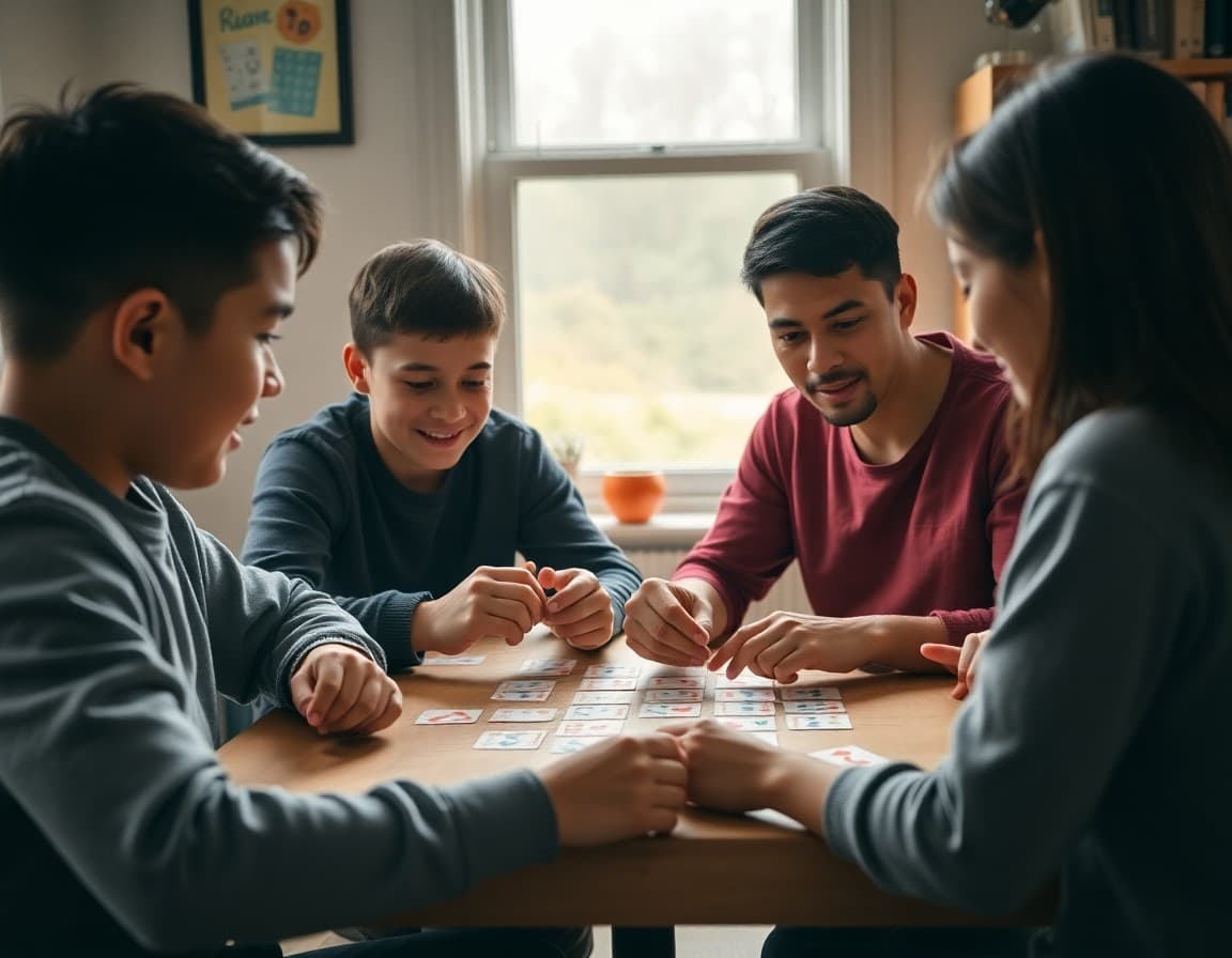 Family playing a math card game together as a fun home learning activity