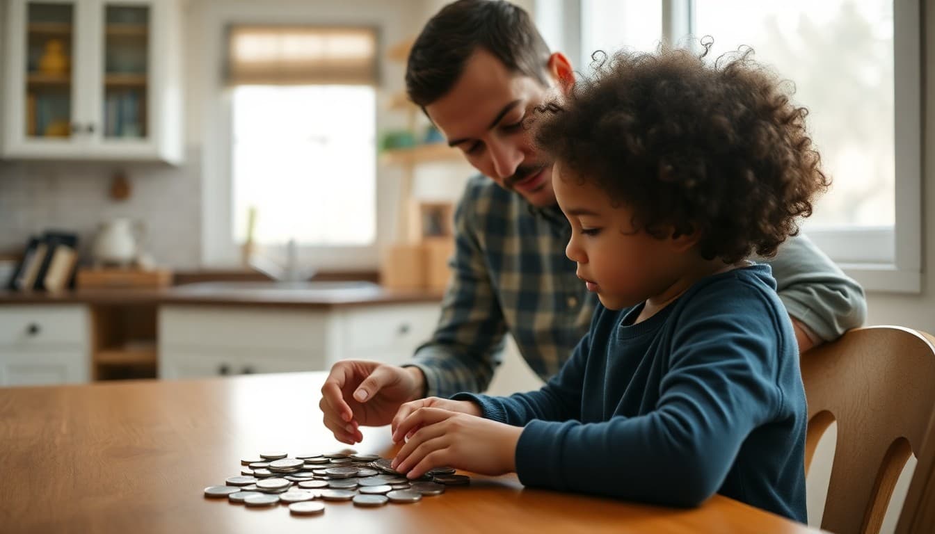 Parent and child counting coins together at a kitchen table as a math activity