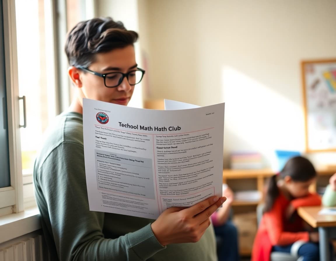 Parent reading a teacher newsletter announcing the school math club with sign-up information
