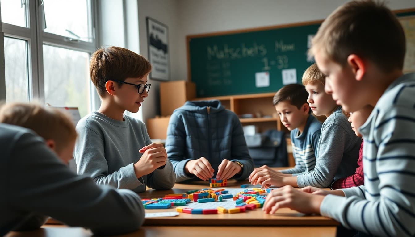 Teacher guiding a small group of students through math problems with manipulatives