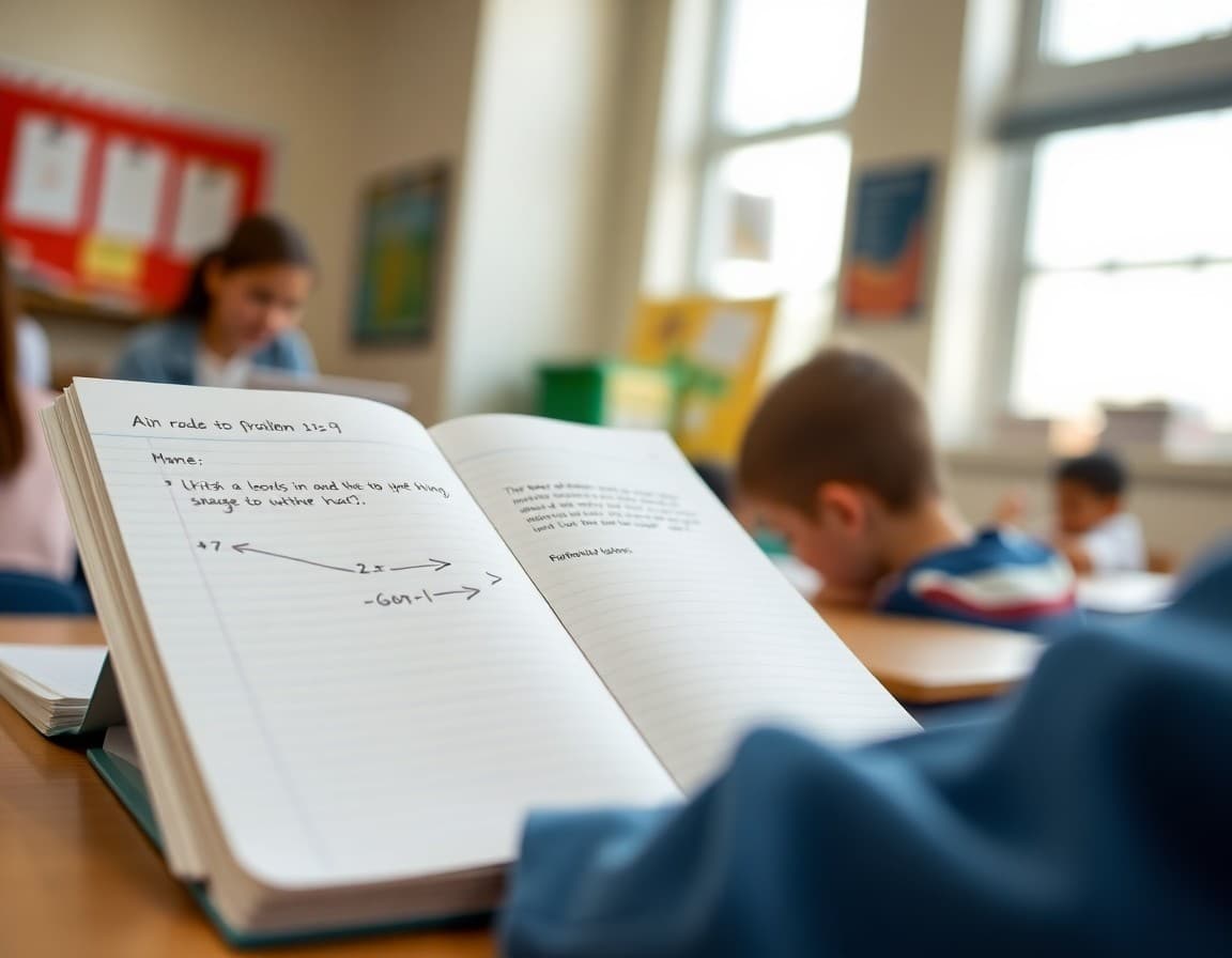 Open math journal showing a student explanation of a problem with arrows and written reasoning