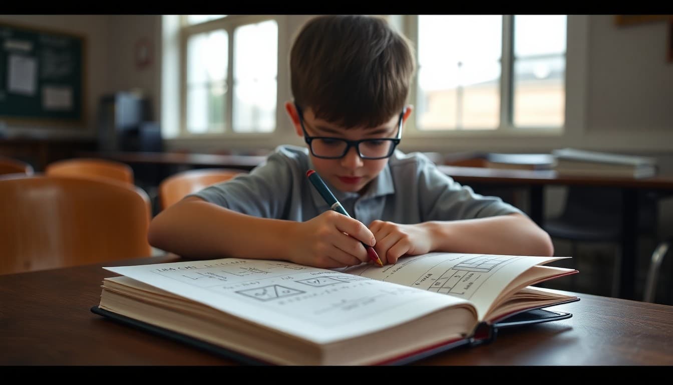 Student writing in a math journal with equations and diagrams visible on the open pages