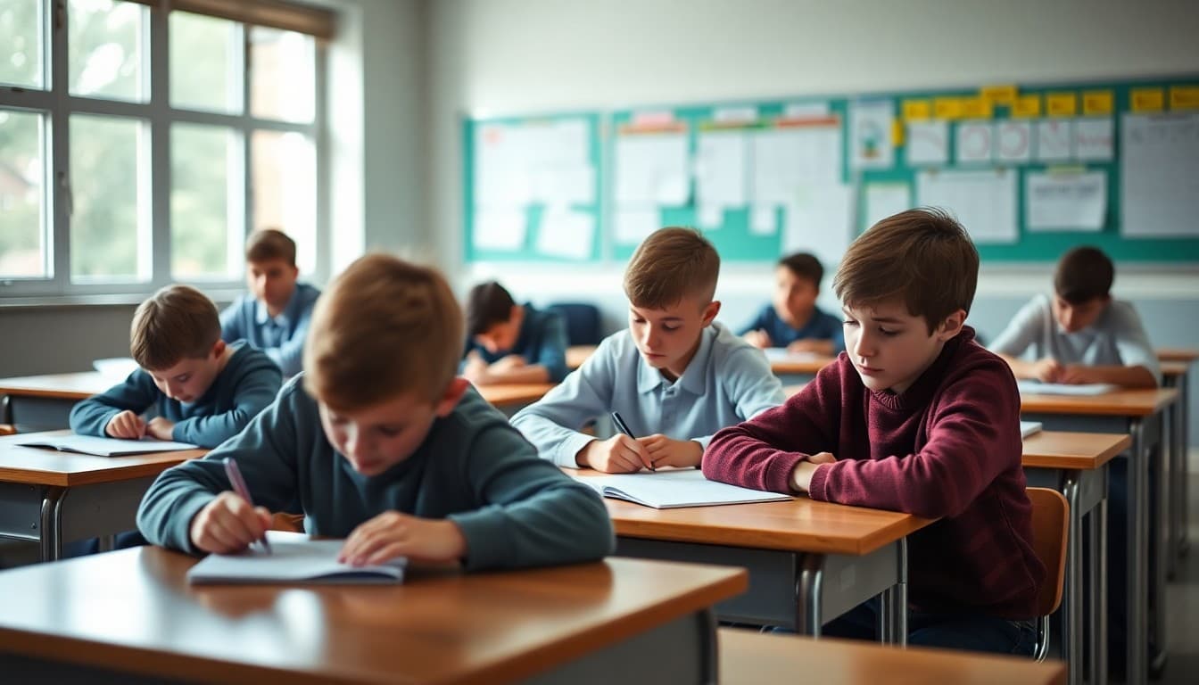 Students focused on solving math competition problems at classroom desks