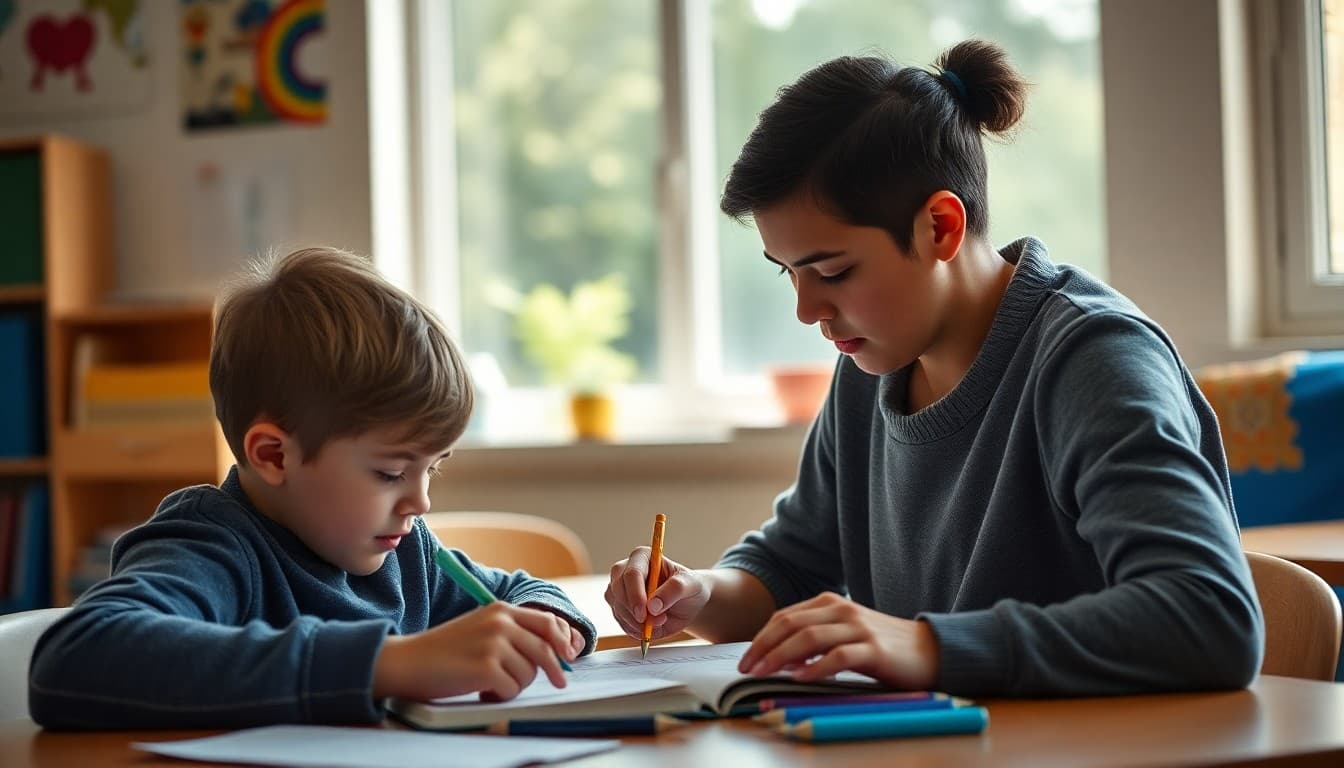 Parent helping a child with math homework using visual models and number strategies