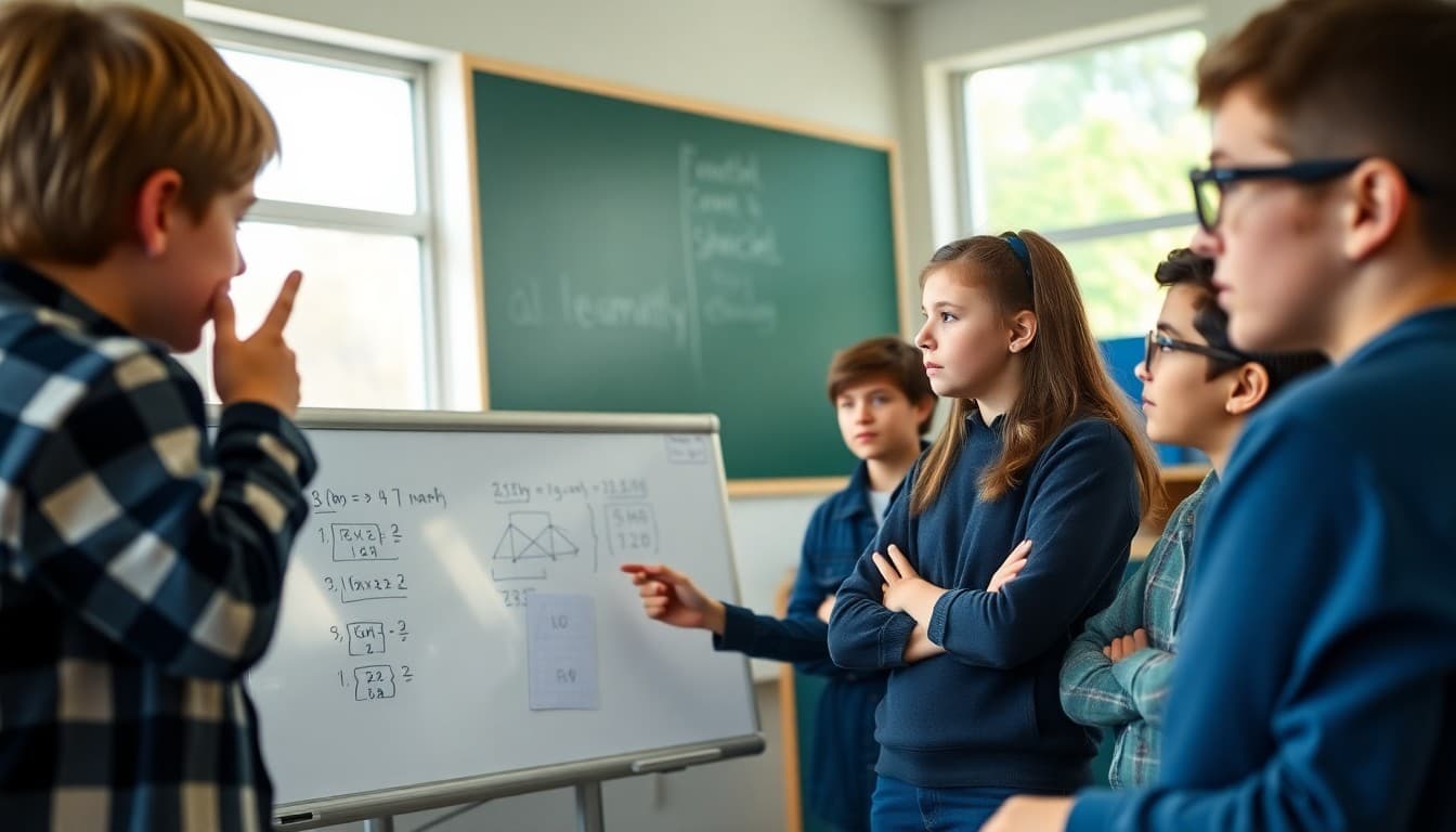Students in a math class explaining their problem-solving strategy to the group on a whiteboard