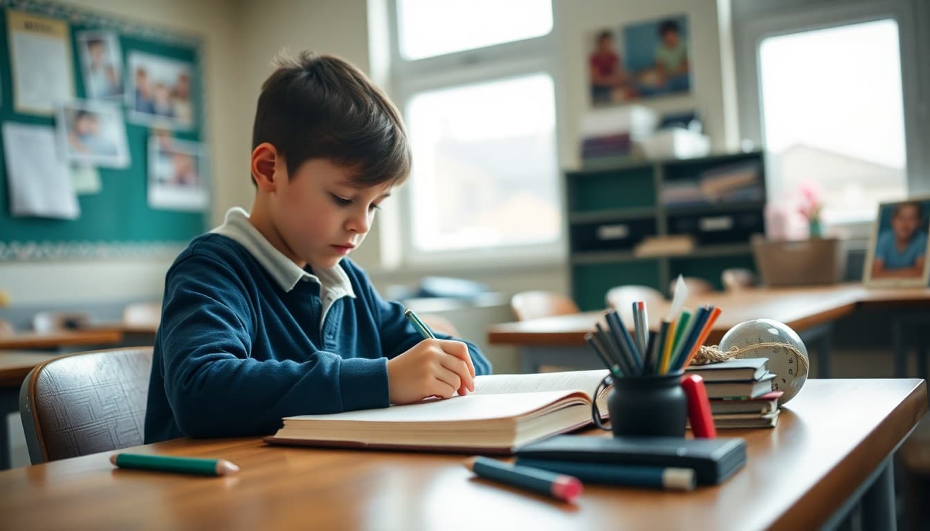 Student writing in a personal journal at a desk with family photos and mementos nearby