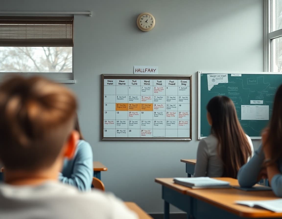 Classroom calendar showing the halfway point of the semester with upcoming assessments marked