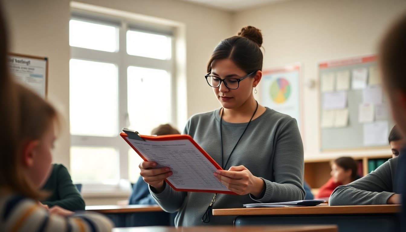 Teacher reviewing student data on a clipboard at mid-semester, preparing a family progress update