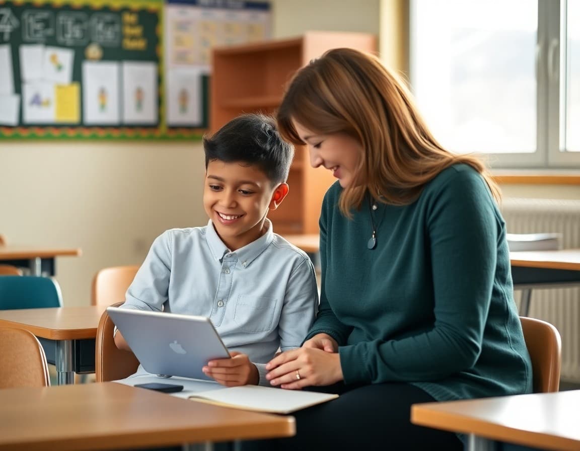 Teacher sitting with a student one-on-one showing warmth and connection during a check-in
