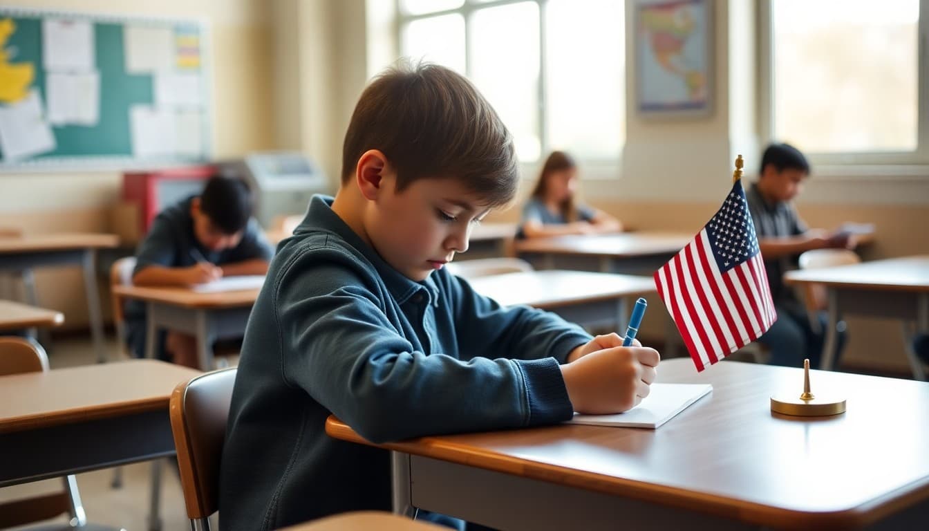 Student writing a letter at their desk with a small American flag on the corner of the table