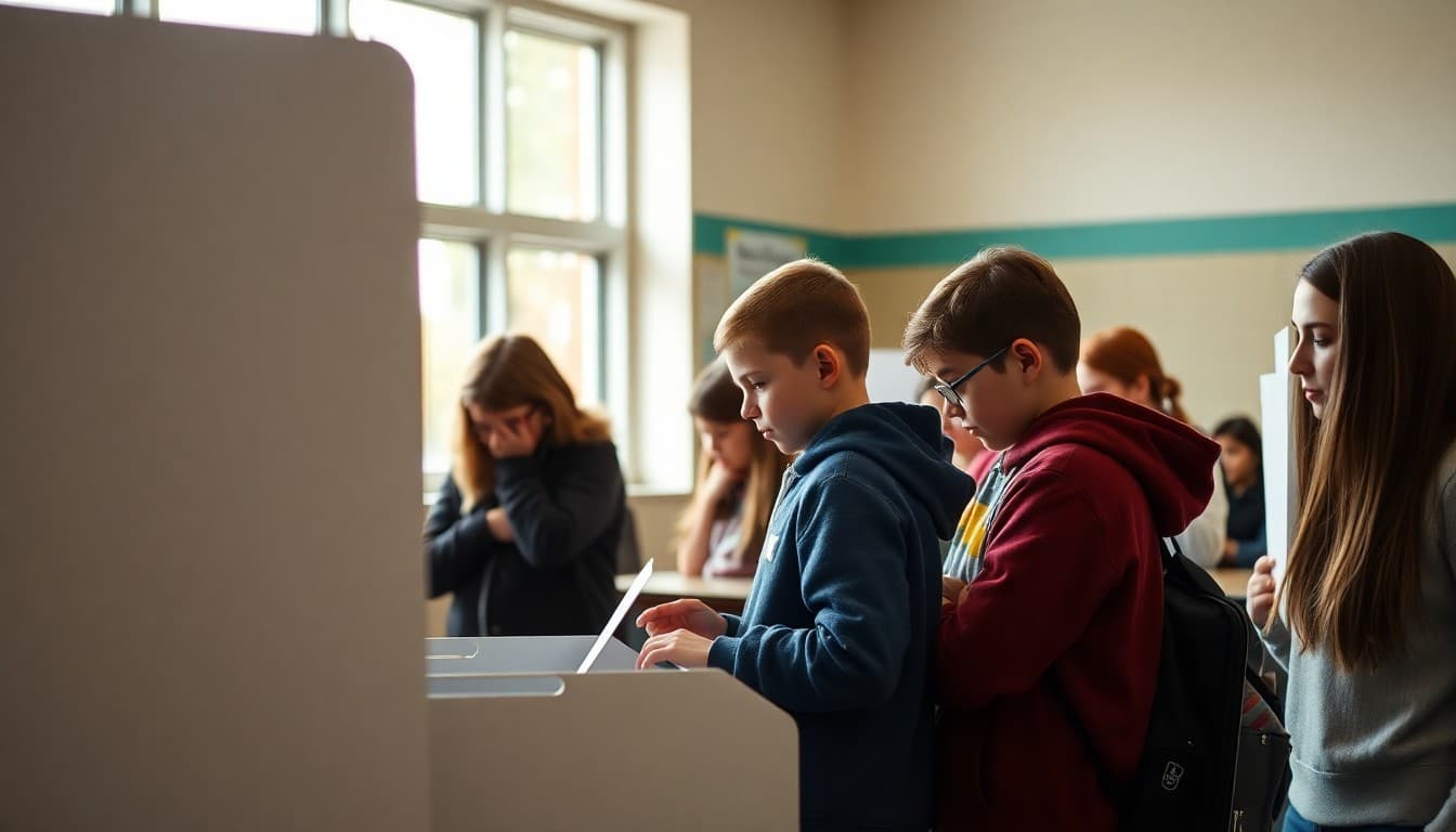 Students at a polling booth voting in a school mock election civics project