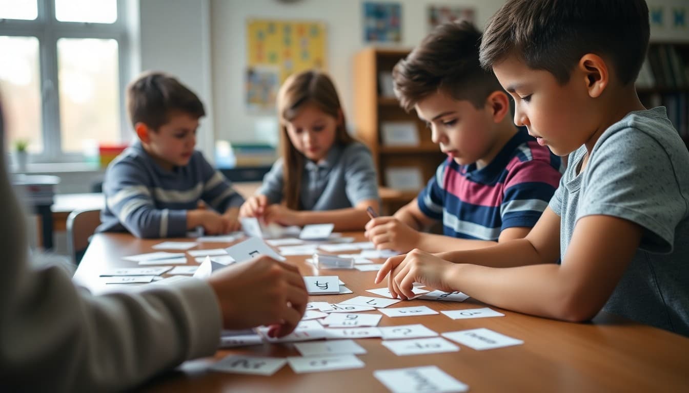 Students sorting word part cards with prefixes, roots, and suffixes on a classroom table