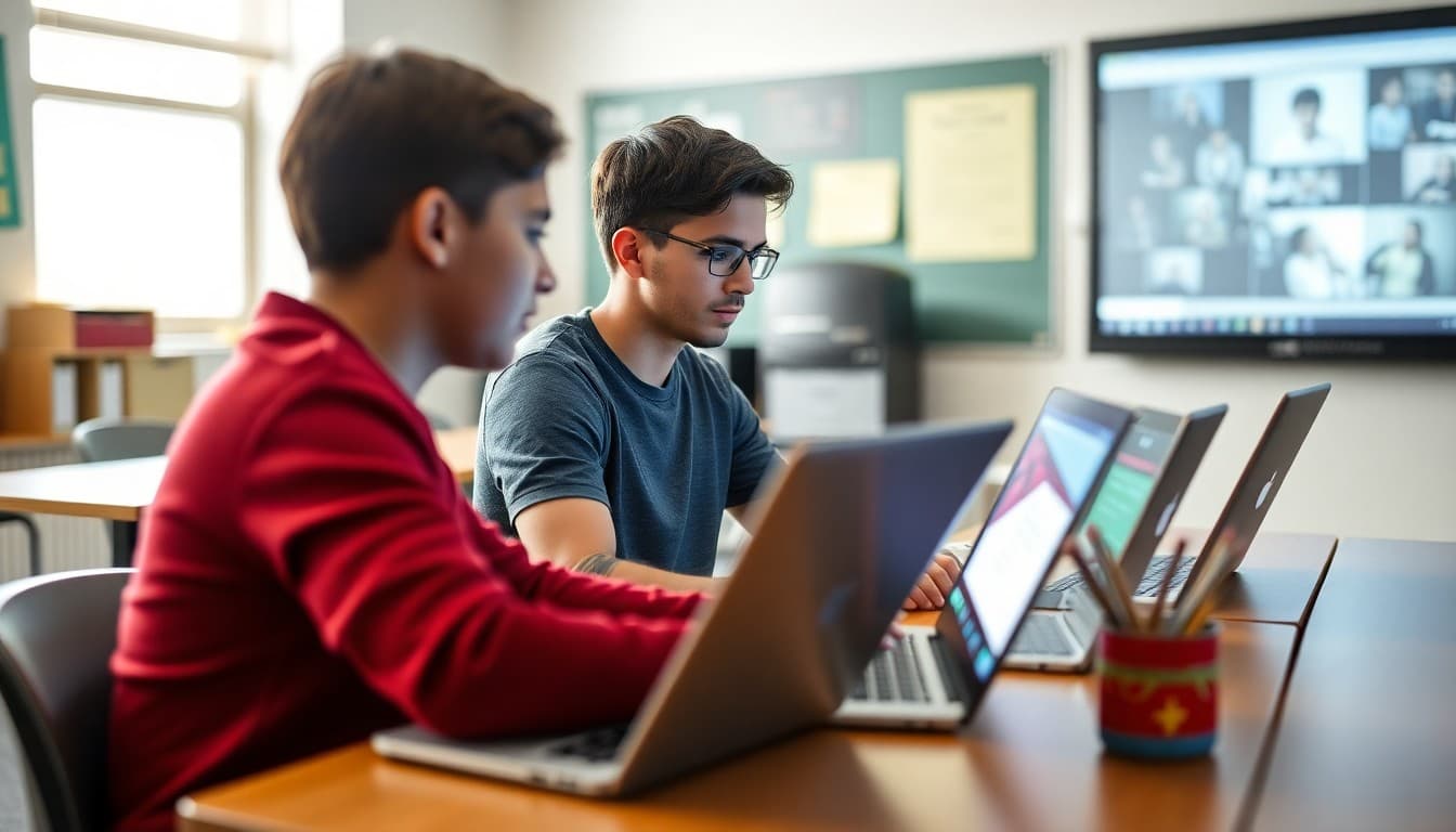 Students collaborating on a multimedia project using laptops and a large display screen in class