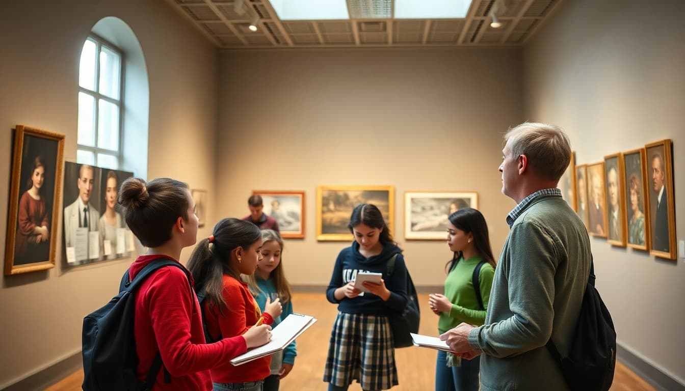 Students in a museum gallery taking notes in front of an exhibition with a museum educator