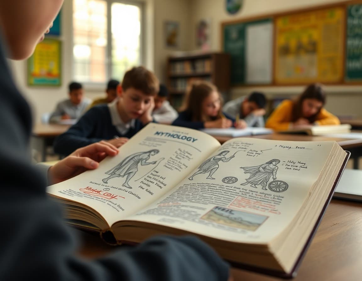 Open mythology textbook showing illustrations of Greek gods with student annotations