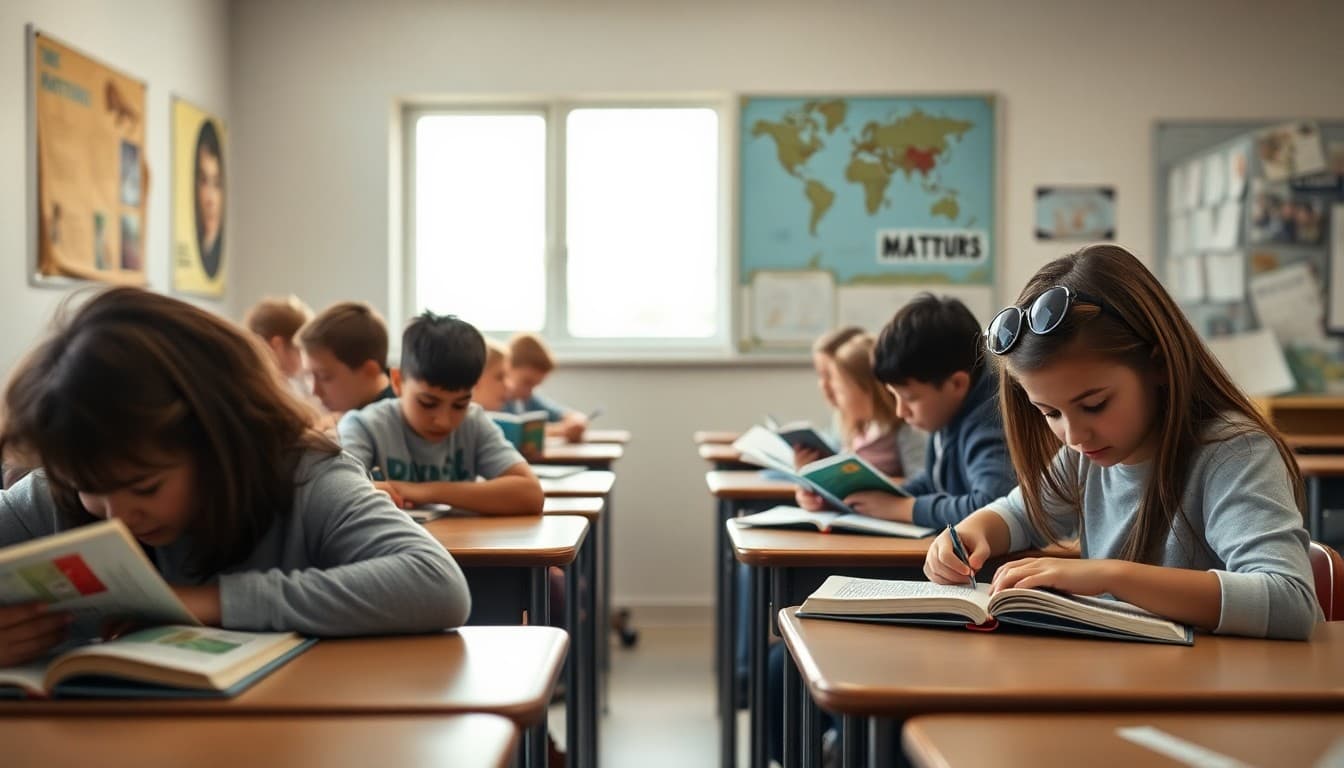 Students reading Greek mythology books at desks with a world mythology poster on the wall