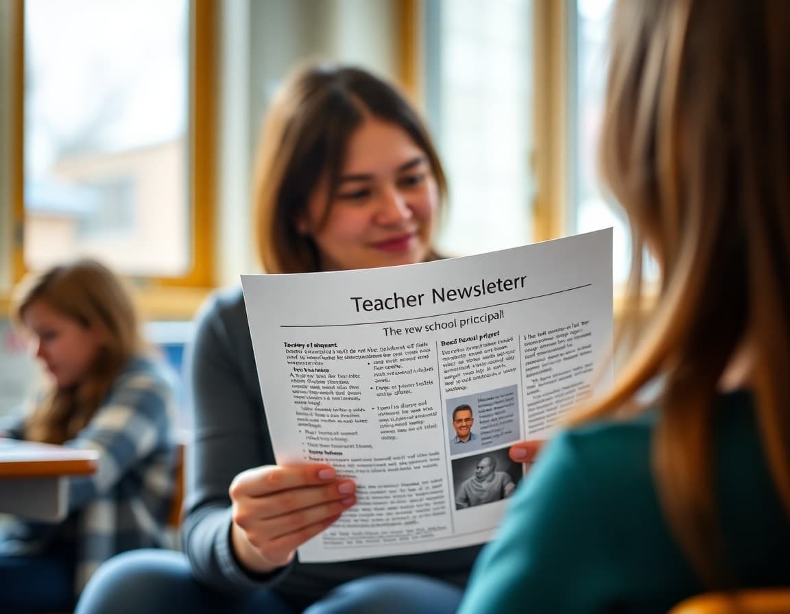 Parent reading a teacher newsletter that introduces the new school principal to the community