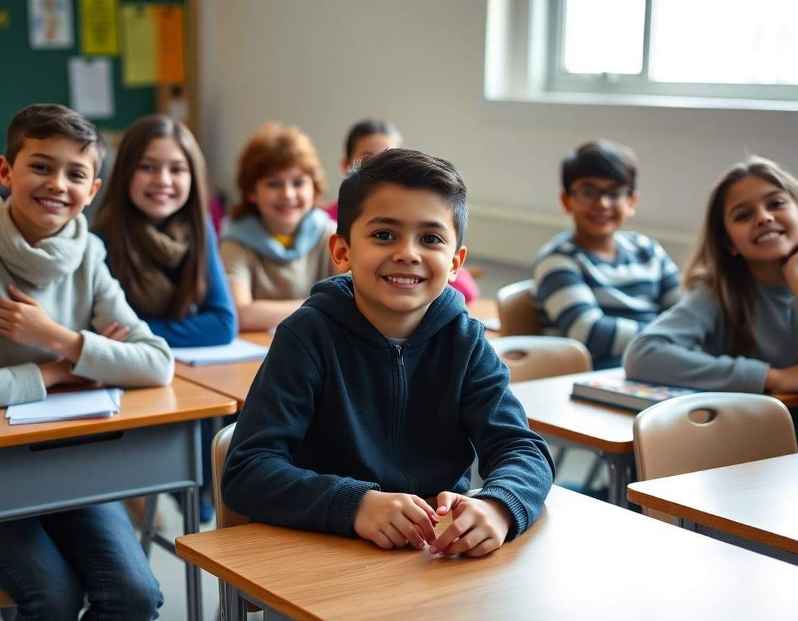 New student sitting at a classroom desk while classmates smile and introduce themselves