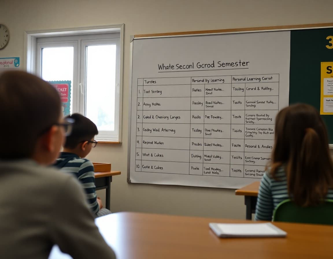 Classroom goal-setting chart with student names and personal learning targets for the second semester