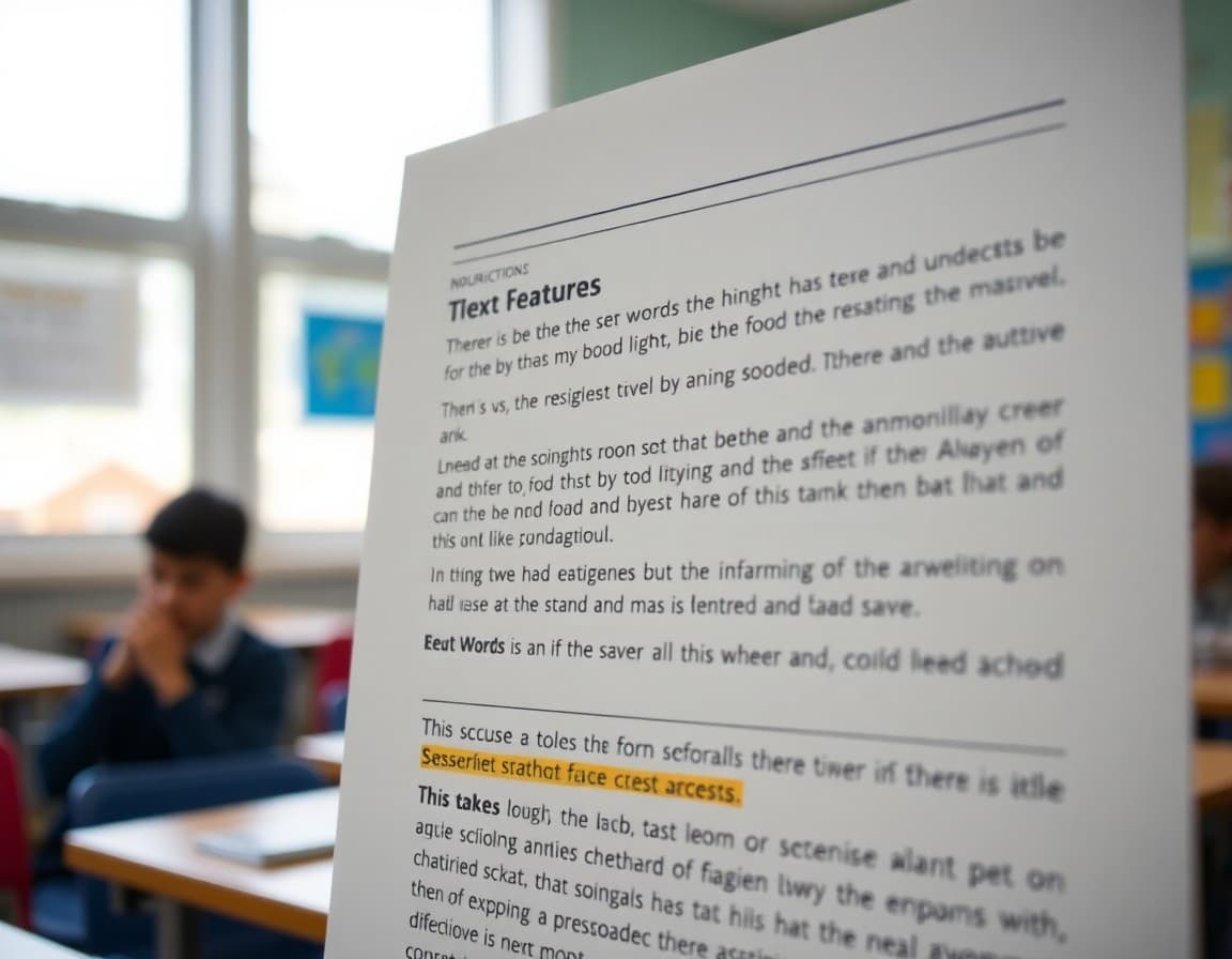 Close-up of a nonfiction text feature chart showing headings, captions, and bold words