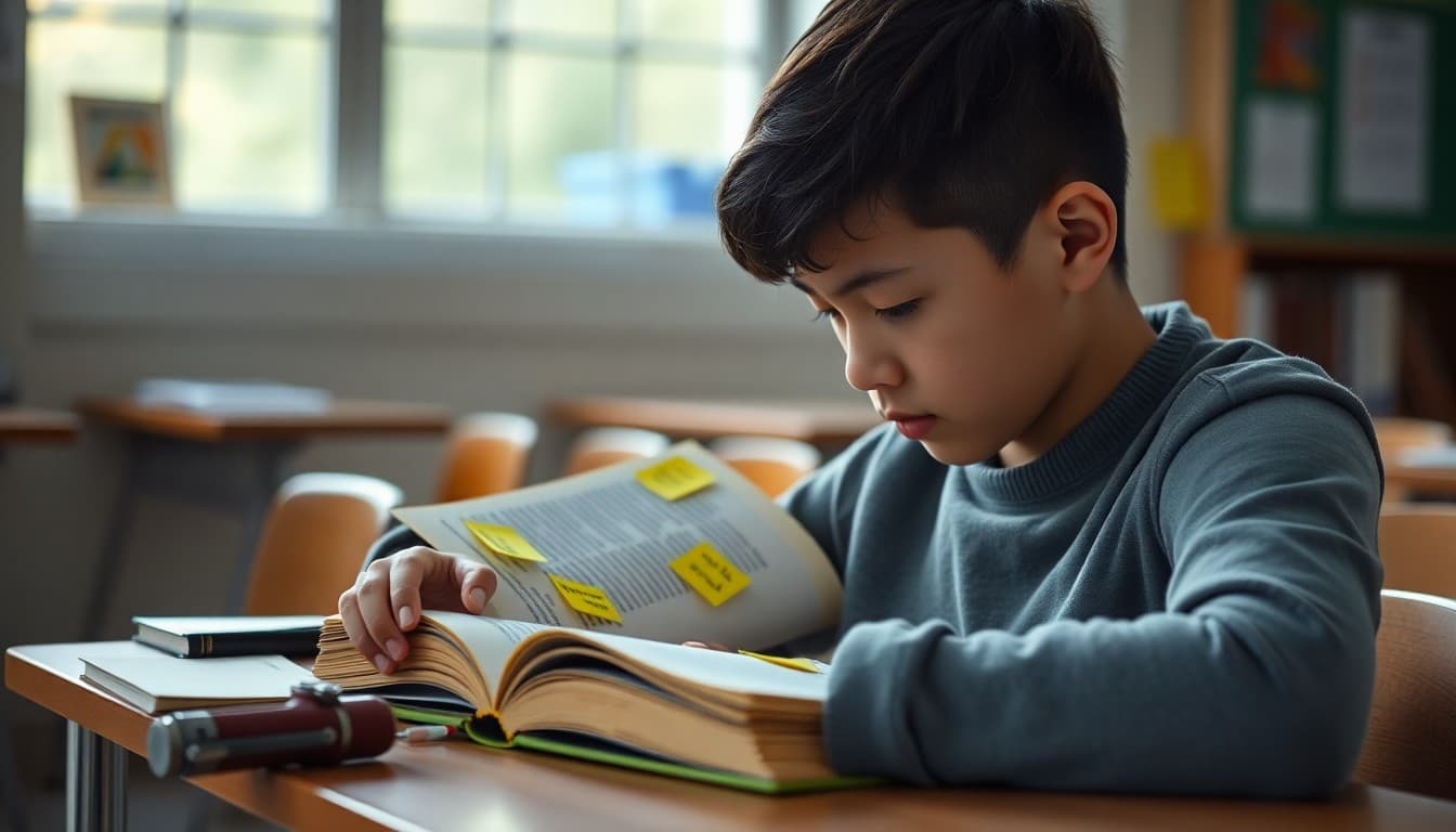 Student reading a nonfiction book with sticky notes marking key passages at a desk