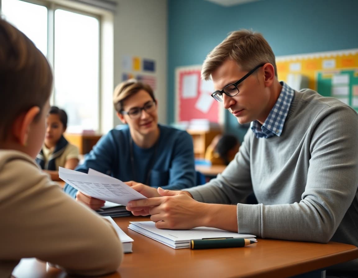 Teacher reviewing student progress data in October with a parent conference schedule on the desk
