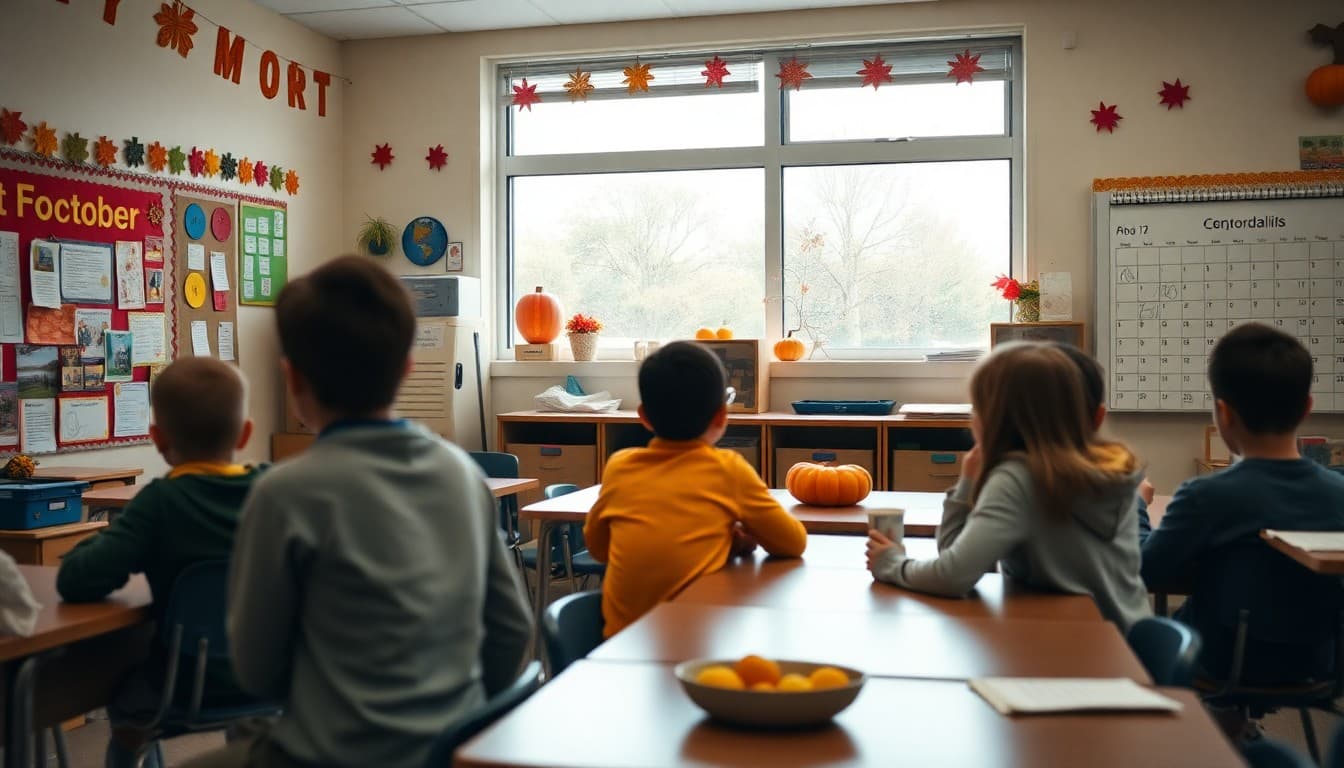 October classroom with fall decorations, student project displays, and a first-quarter assessment calendar