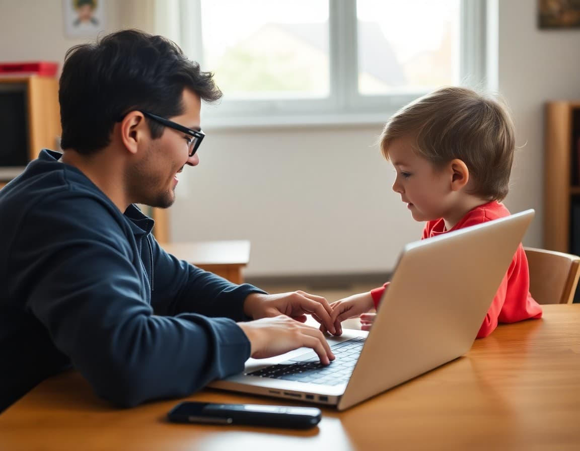 Parent watching child navigate an educational website on a laptop at home