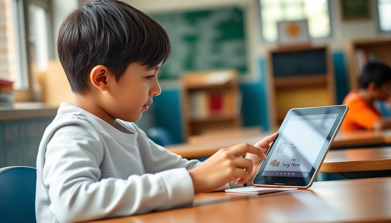 Student using a tablet to complete an online learning assignment on an educational platform