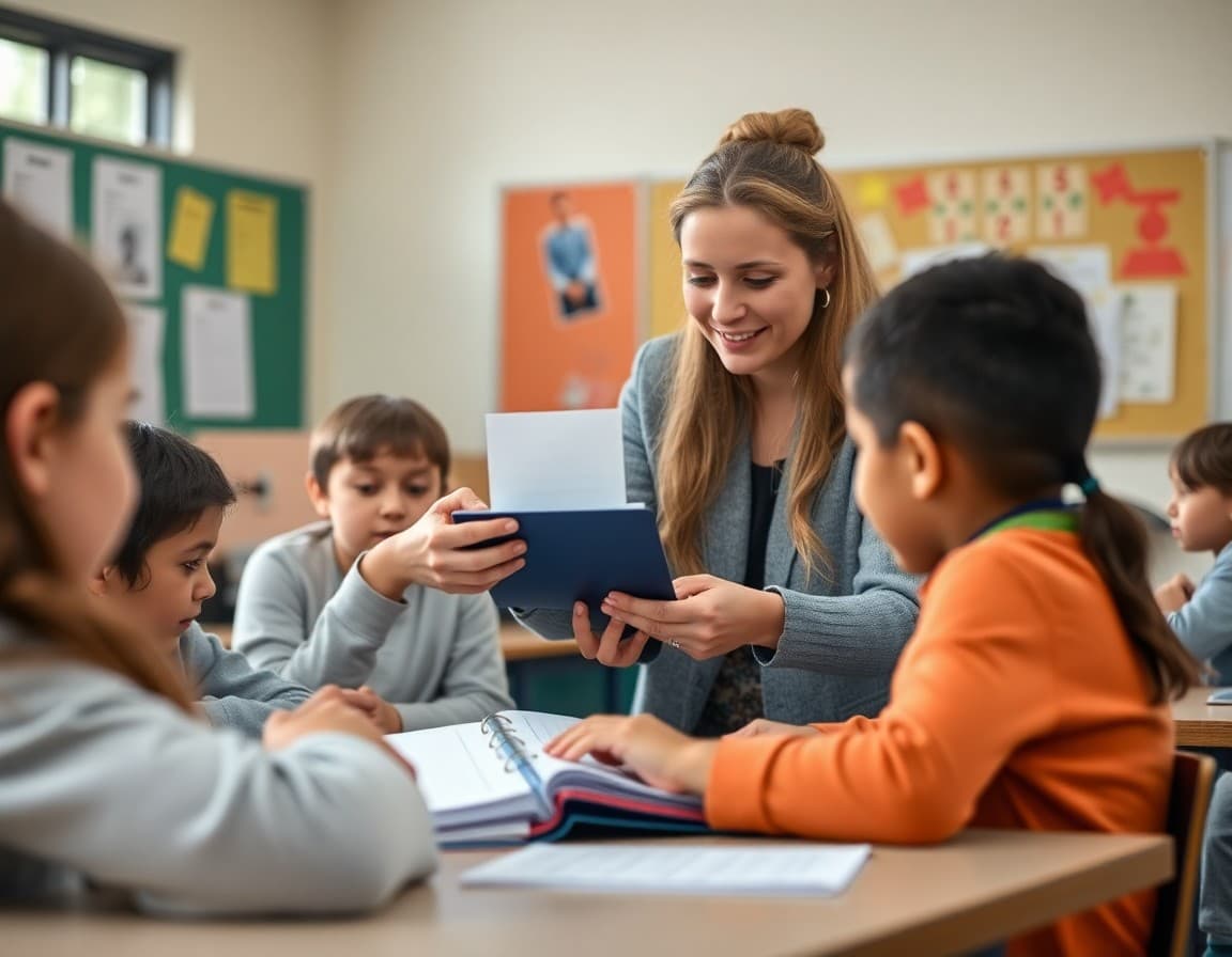 Teacher showing students how to use a binder divider system during a classroom organizational lesson